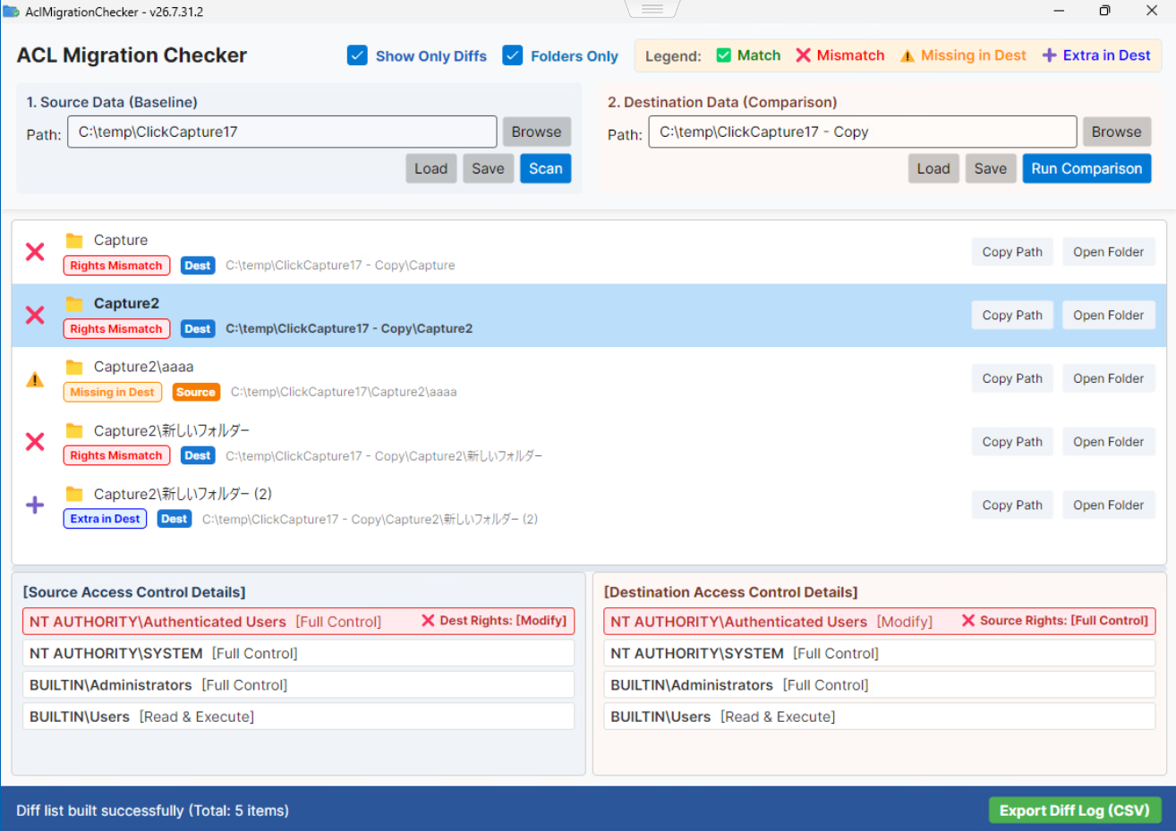 ACL Migration Checker Comparison Result Screen